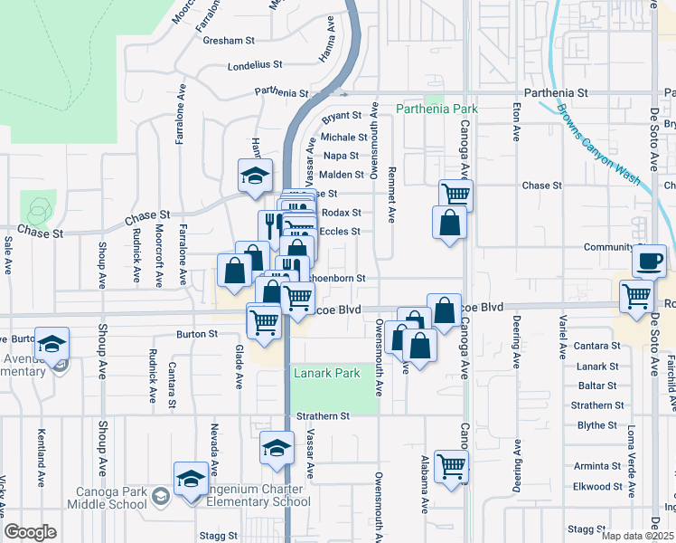 map of restaurants, bars, coffee shops, grocery stores, and more near 8340 Northgate Avenue in Los Angeles