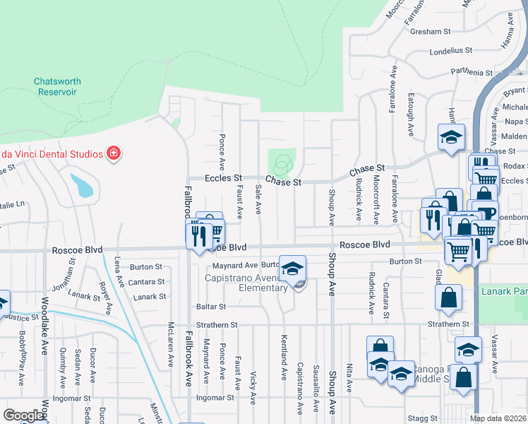 map of restaurants, bars, coffee shops, grocery stores, and more near 8351 Kentland Avenue in Los Angeles