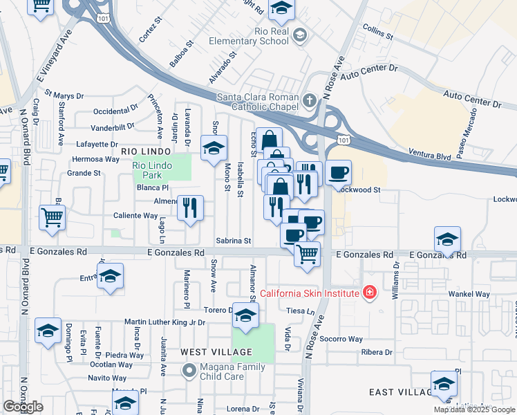 map of restaurants, bars, coffee shops, grocery stores, and more near 2001 Almanor Street in Oxnard