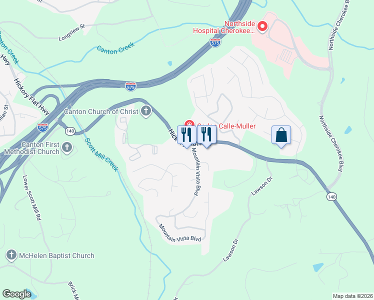 map of restaurants, bars, coffee shops, grocery stores, and more near 110 Mountain Vista Boulevard in Canton