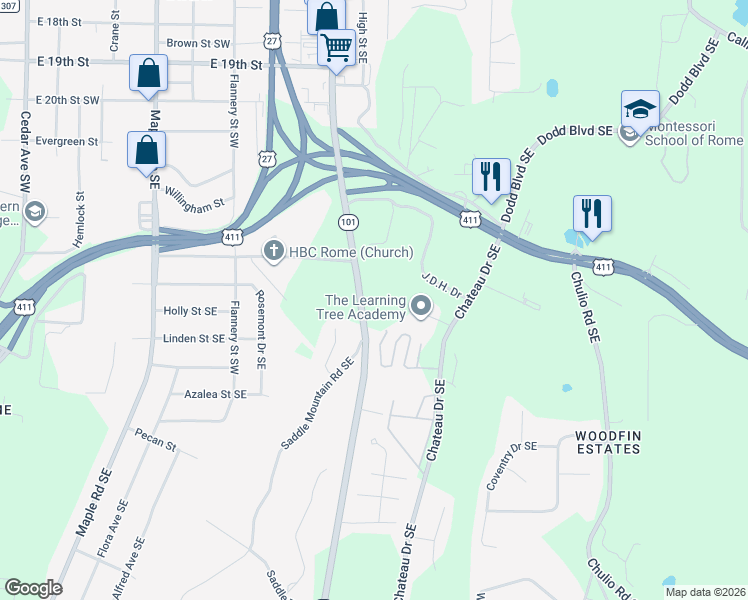 map of restaurants, bars, coffee shops, grocery stores, and more near 2107 Rockmart Road Southeast in Rome
