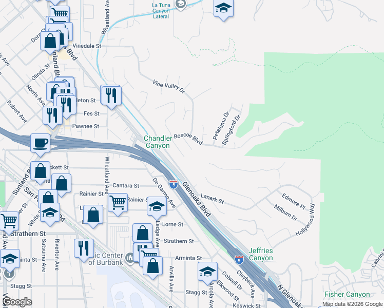 map of restaurants, bars, coffee shops, grocery stores, and more near 8301 Valecrest Drive in Los Angeles