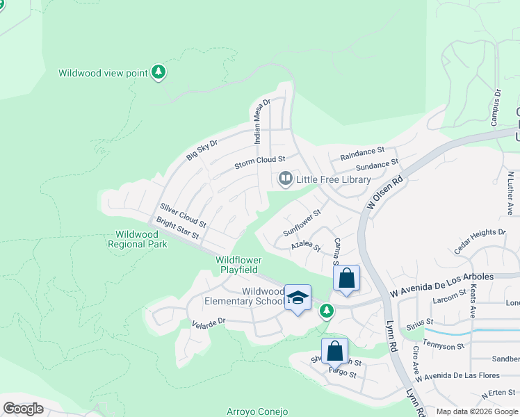 map of restaurants, bars, coffee shops, grocery stores, and more near 3085 Indian Mesa Drive in Thousand Oaks