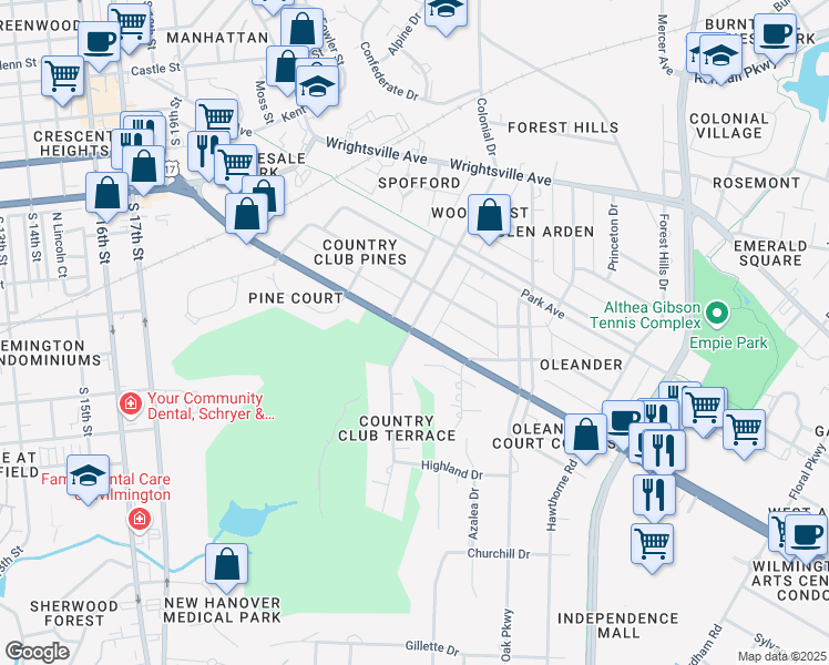 map of restaurants, bars, coffee shops, grocery stores, and more near 2510 Oleander Drive in Wilmington