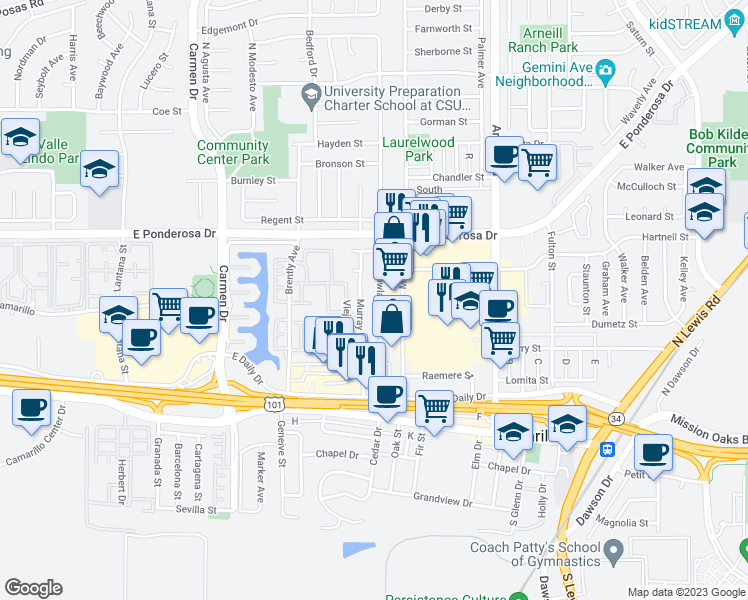 map of restaurants, bars, coffee shops, grocery stores, and more near 441 Rowland Avenue in Camarillo