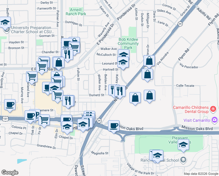 map of restaurants, bars, coffee shops, grocery stores, and more near 451 Merritt Avenue in Camarillo