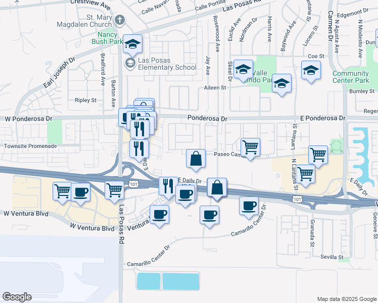 map of restaurants, bars, coffee shops, grocery stores, and more near 460 Paseo Del Valle in Camarillo