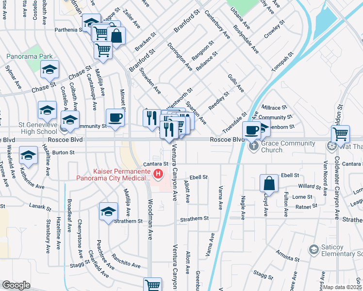 map of restaurants, bars, coffee shops, grocery stores, and more near 8237 Allott Avenue in Los Angeles