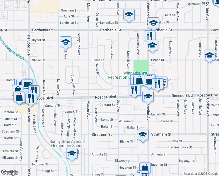 map of restaurants, bars, coffee shops, grocery stores, and more near 20341 Schoenborn Street in Los Angeles