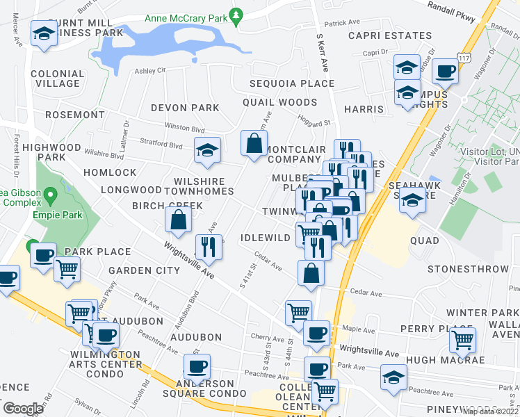 map of restaurants, bars, coffee shops, grocery stores, and more near 827 Montclair Drive in Wilmington