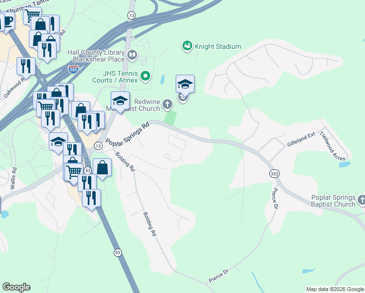 map of restaurants, bars, coffee shops, grocery stores, and more near 3288 Poplar Springs Road in Gainesville