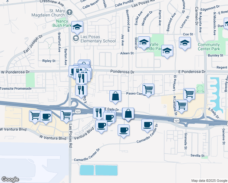 map of restaurants, bars, coffee shops, grocery stores, and more near 492 Paseo Del Valle in Camarillo