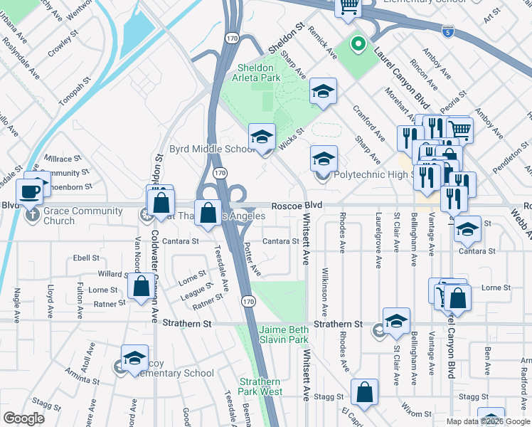 map of restaurants, bars, coffee shops, grocery stores, and more near 8240 Babcock Avenue in Los Angeles