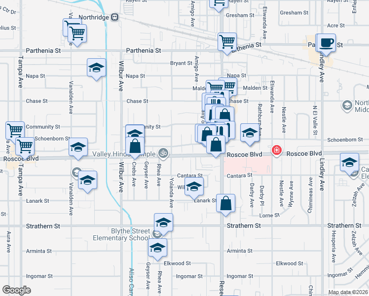 map of restaurants, bars, coffee shops, grocery stores, and more near 18628 Frankfort Street in Los Angeles