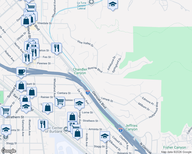 map of restaurants, bars, coffee shops, grocery stores, and more near 8301 Valecrest Drive in Los Angeles