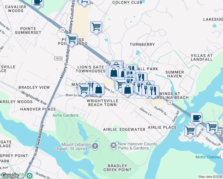 map of restaurants, bars, coffee shops, grocery stores, and more near 1706 Tearthumb Court in Wilmington