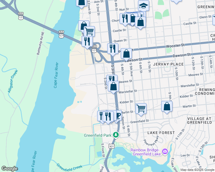 map of restaurants, bars, coffee shops, grocery stores, and more near 1106 South 2nd Street in Wilmington