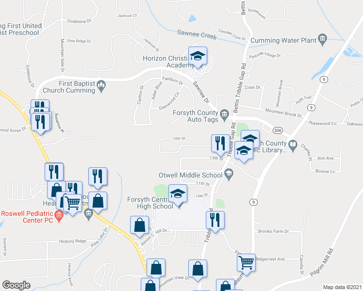 map of restaurants, bars, coffee shops, grocery stores, and more near 199 14th Street in Cumming