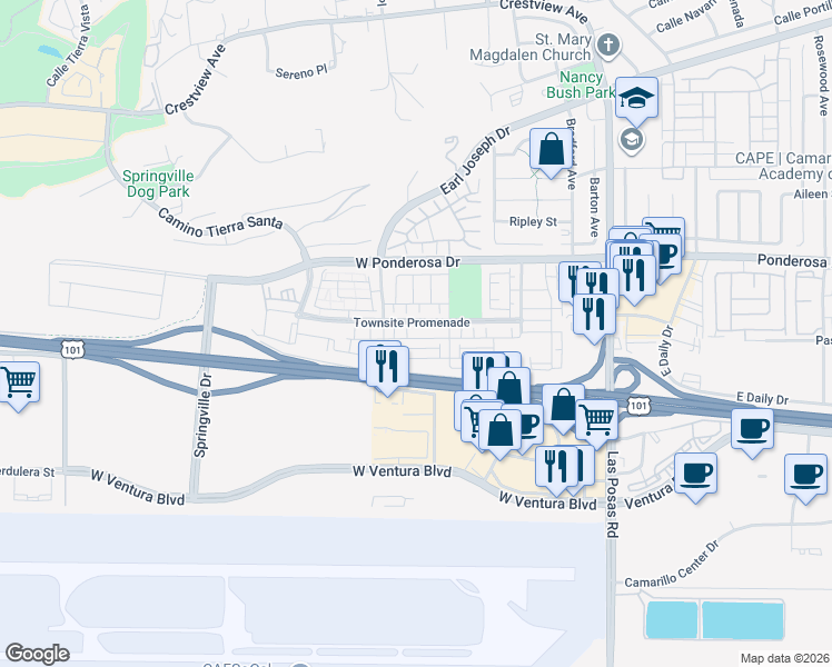map of restaurants, bars, coffee shops, grocery stores, and more near 241 Stonegate Road in Camarillo
