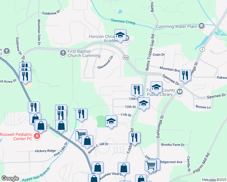 map of restaurants, bars, coffee shops, grocery stores, and more near 195 14th Street in Cumming