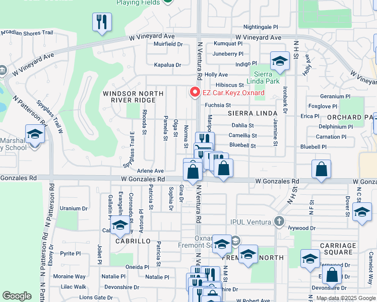 map of restaurants, bars, coffee shops, grocery stores, and more near 2002 Norma Street in Oxnard