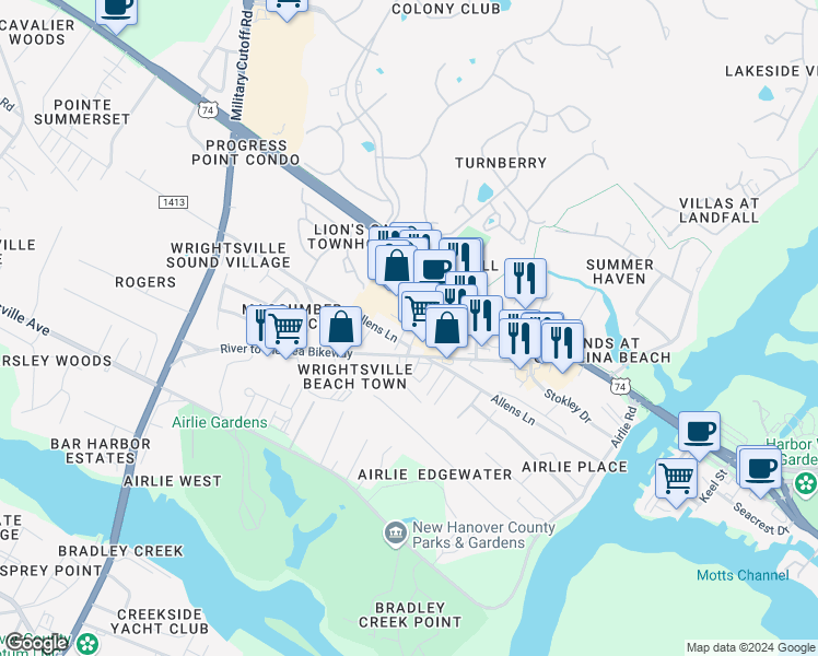 map of restaurants, bars, coffee shops, grocery stores, and more near 1716 Tearthumb Court in Wilmington