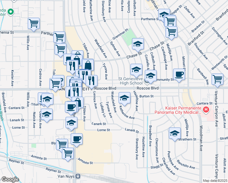 map of restaurants, bars, coffee shops, grocery stores, and more near 14224 Roscoe Boulevard in Los Angeles