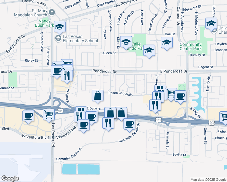 map of restaurants, bars, coffee shops, grocery stores, and more near 576 Rosewood Avenue in Camarillo