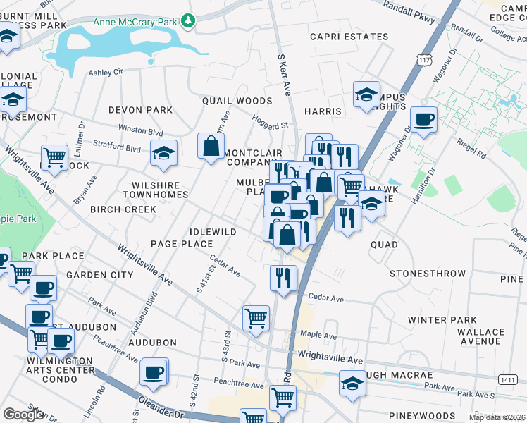 map of restaurants, bars, coffee shops, grocery stores, and more near 801 Varsity Drive in Wilmington