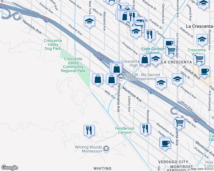 map of restaurants, bars, coffee shops, grocery stores, and more near 3242 Honolulu Avenue in Glendale