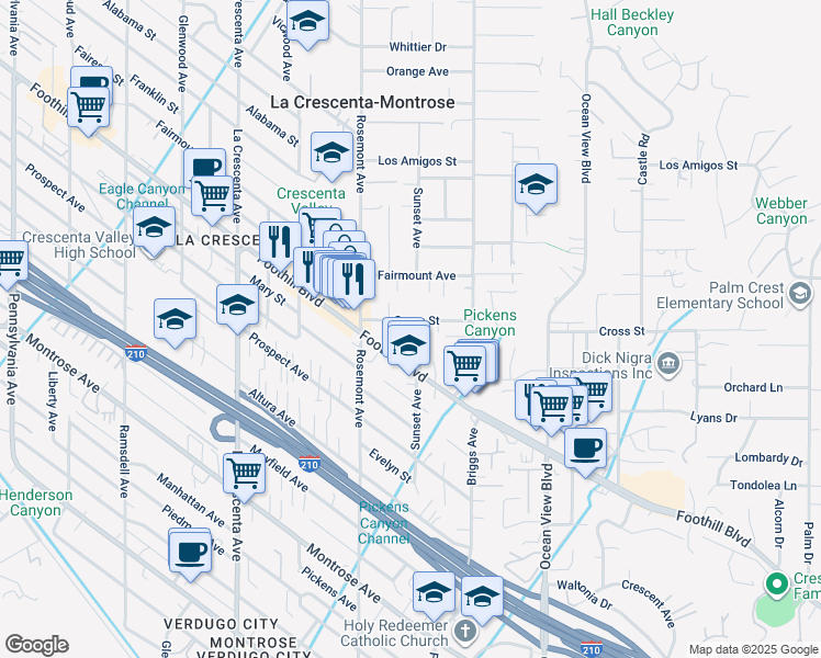 map of restaurants, bars, coffee shops, grocery stores, and more near 2502 Cross Street in La Crescenta-Montrose