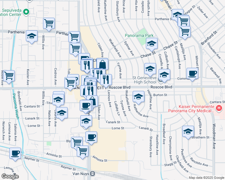 map of restaurants, bars, coffee shops, grocery stores, and more near 14341 Burton Street in Los Angeles