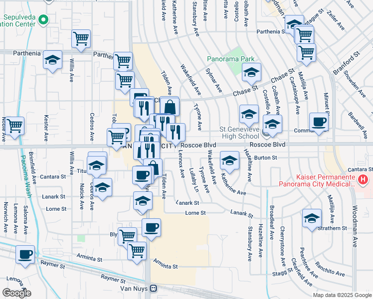 map of restaurants, bars, coffee shops, grocery stores, and more near 14324 Roscoe Boulevard in Los Angeles