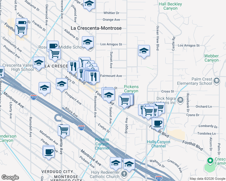 map of restaurants, bars, coffee shops, grocery stores, and more near 2442 Cross Street in La Crescenta-Montrose