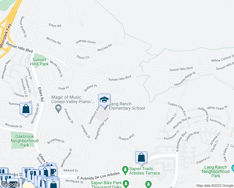 map of restaurants, bars, coffee shops, grocery stores, and more near 2520 Rutland Place in Thousand Oaks