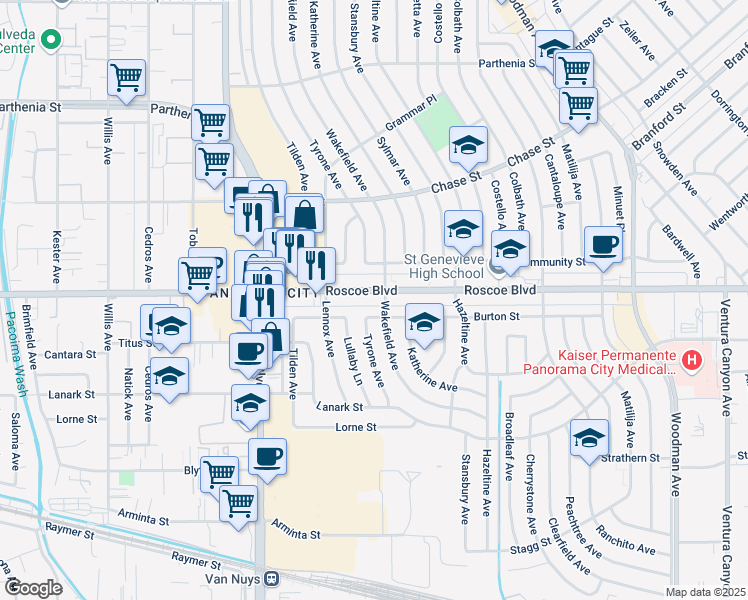 map of restaurants, bars, coffee shops, grocery stores, and more near 14242 Roscoe Boulevard in Los Angeles