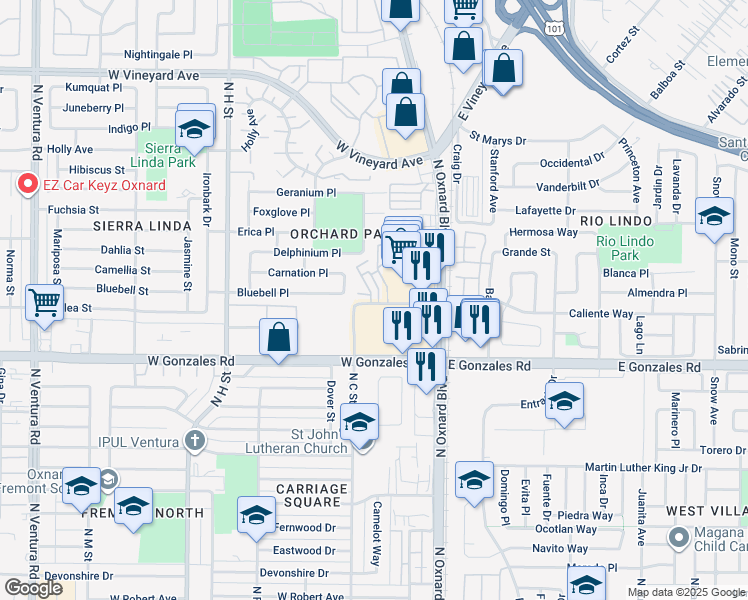 map of restaurants, bars, coffee shops, grocery stores, and more near 2003 Blackberry Circle in Oxnard