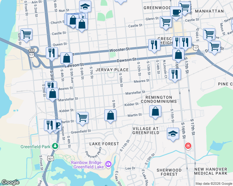 map of restaurants, bars, coffee shops, grocery stores, and more near 907 Marstellar Street in Wilmington