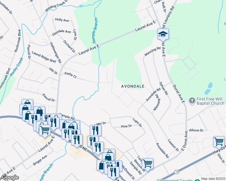 map of restaurants, bars, coffee shops, grocery stores, and more near 117 Hailey Court in Greenwood