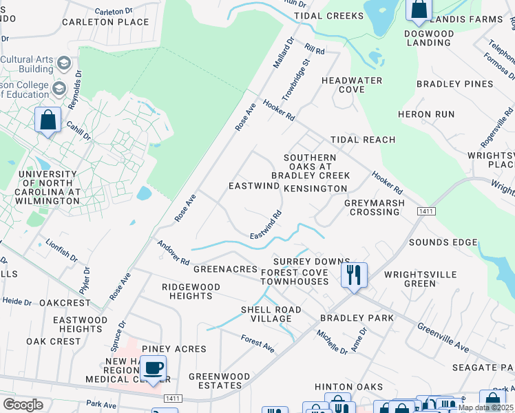 map of restaurants, bars, coffee shops, grocery stores, and more near 5413 Cross Creek Road in Wilmington