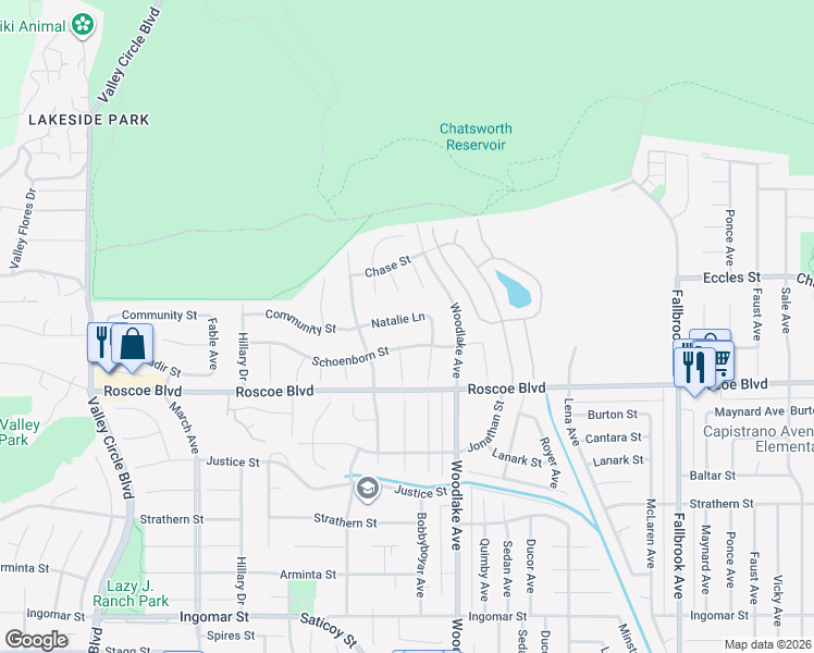 map of restaurants, bars, coffee shops, grocery stores, and more near 23248 Community Street in Los Angeles