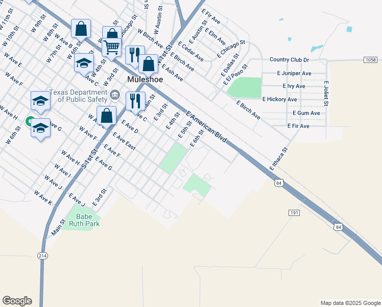 map of restaurants, bars, coffee shops, grocery stores, and more near 301-399 East 6th Street in Muleshoe