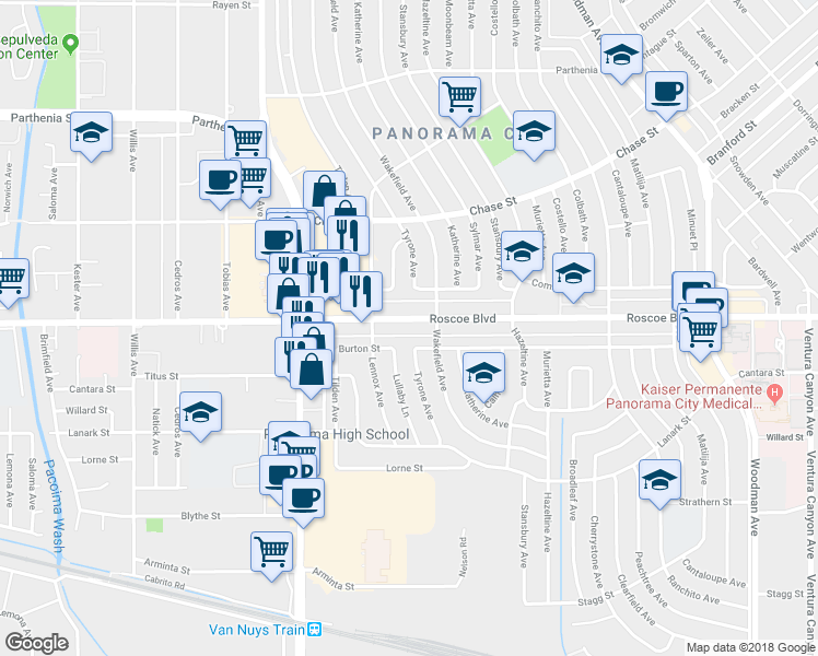 map of restaurants, bars, coffee shops, grocery stores, and more near 14260 Roscoe Boulevard in Los Angeles
