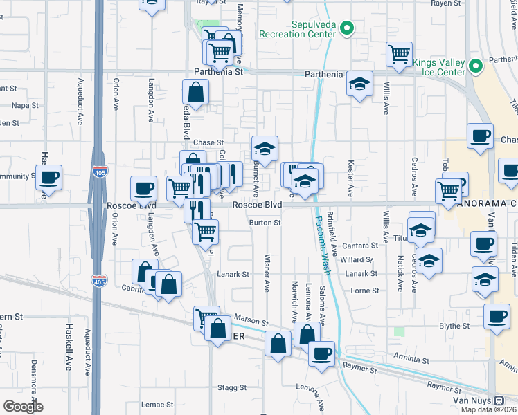 map of restaurants, bars, coffee shops, grocery stores, and more near 15132 Roscoe Boulevard in Los Angeles