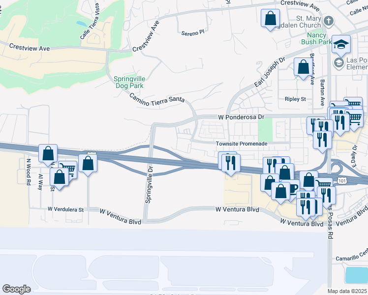 map of restaurants, bars, coffee shops, grocery stores, and more near 398 Townsite Promenade in Camarillo