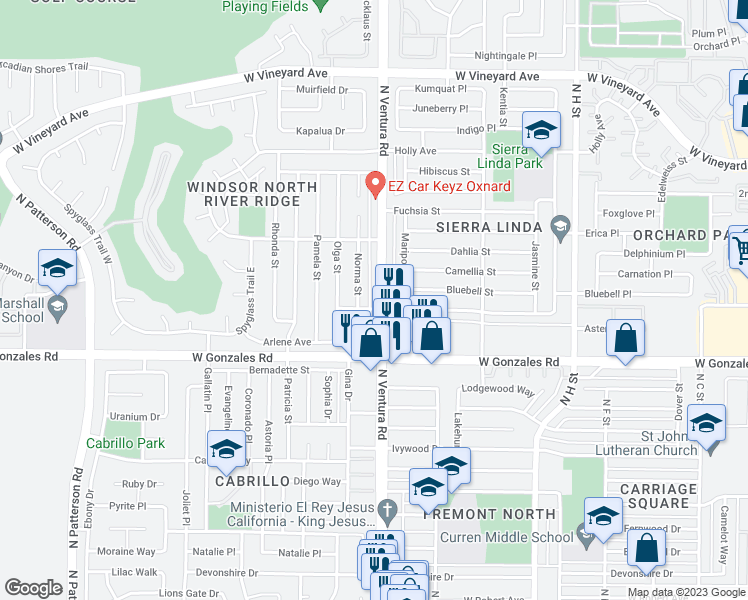 map of restaurants, bars, coffee shops, grocery stores, and more near 1990 North Ventura Road in Oxnard
