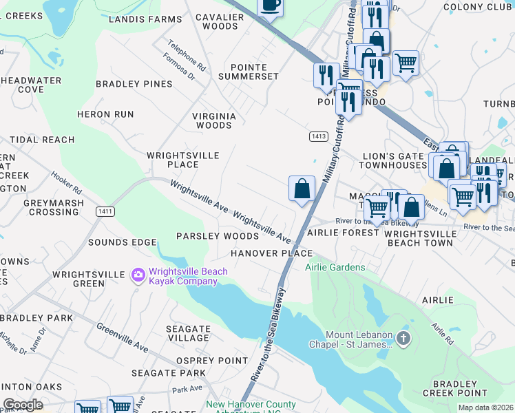 map of restaurants, bars, coffee shops, grocery stores, and more near 6275 Wrightsville Avenue in Wilmington