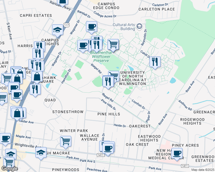 map of restaurants, bars, coffee shops, grocery stores, and more near 4941 Riegel Road in Wilmington