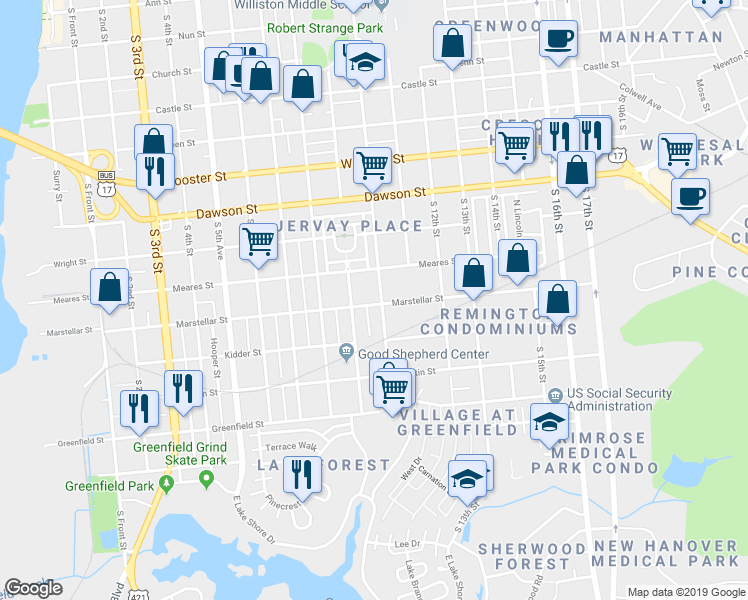 map of restaurants, bars, coffee shops, grocery stores, and more near 907 Marstellar Street in Wilmington