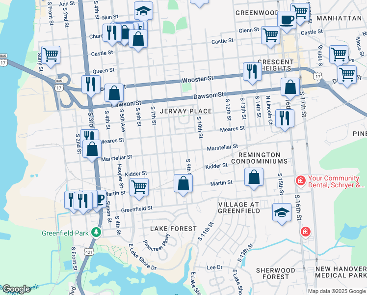 map of restaurants, bars, coffee shops, grocery stores, and more near 806 Marstellar Street in Wilmington